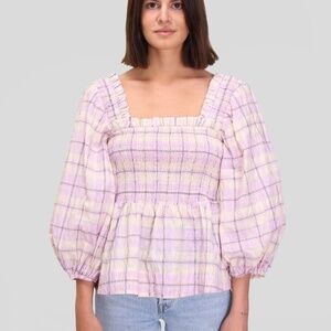 Ganni Seersucker Check Smock Top - Orchid Blossom